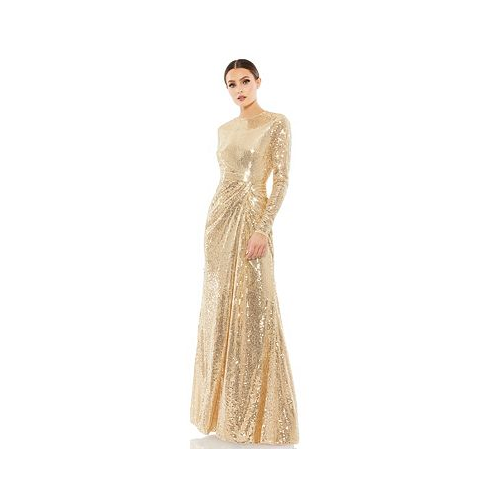 Mac Duggal Womens Sequined High Neck Long Sleeve Draped Gown