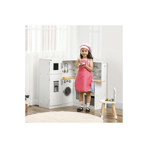 Qaba Corner Play Kitchen Set with Sound Effects and Tons of Countertop Space Large Wooden Kitchen with Washing Machine Food Toys Ice Maker Kids Kitchen Ages 3-6 White