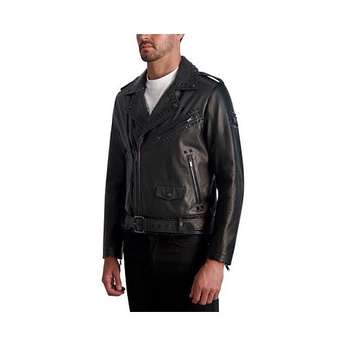 KARL LAGERFELD PARIS Mens Slim Fit Studded Leather Asymmetrical Zip Front Biker Jacket