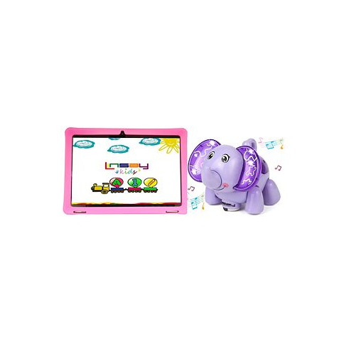 LINSAY New 10.1 Funny Kids Tablet Octa Core 128GB Bundle with Pink Kids Defender Case and Smart Elephant Toy Lights and Music Newest Android 13