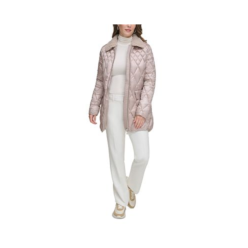 Calvin Klein Womens Faux-Fur-Collar Quilted Coat