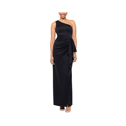 XSCAPE Petite One-Shoulder Side-Drape High-Slit Gown