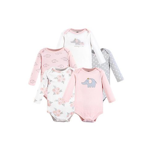 Hudson Baby Baby Girls Cotton Long-Sleeve Bodysuits Pink Gray Elephant 5-Pack