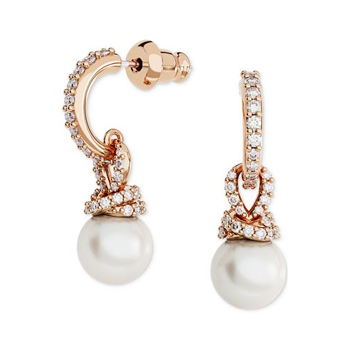 Swarovski Rose Gold-Tone Pave & Imitation Pearl Charm Hoop Earrings