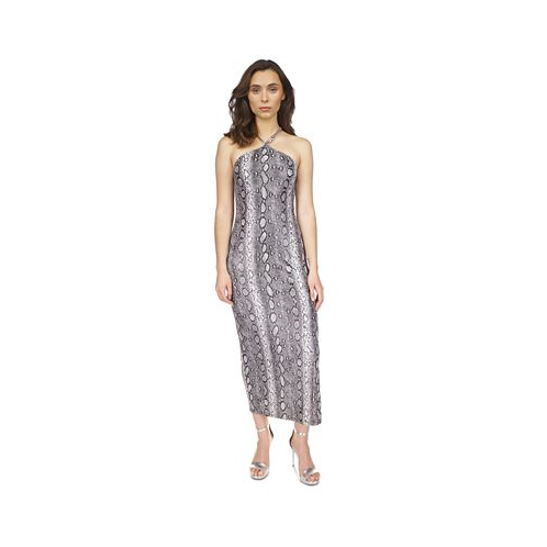 Michael Kors Womens Snakeskin-Print Chain Halter Maxi Dress