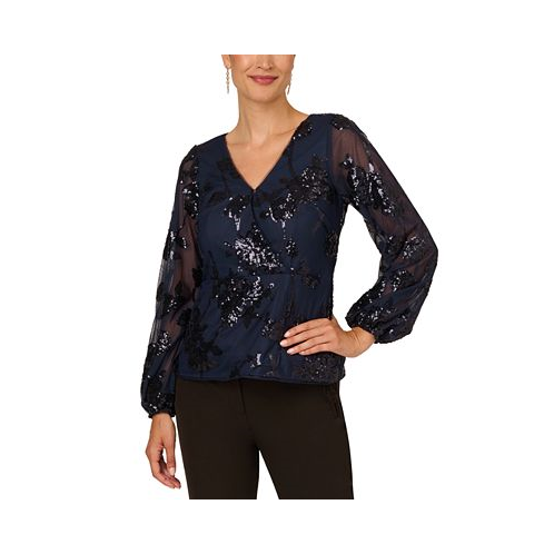 Adrianna Papell Womens Floral Sequined V-Neck Top