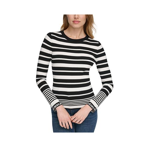 DKNY Jeans Womens Striped Logo-Cuff Crewneck Sweater