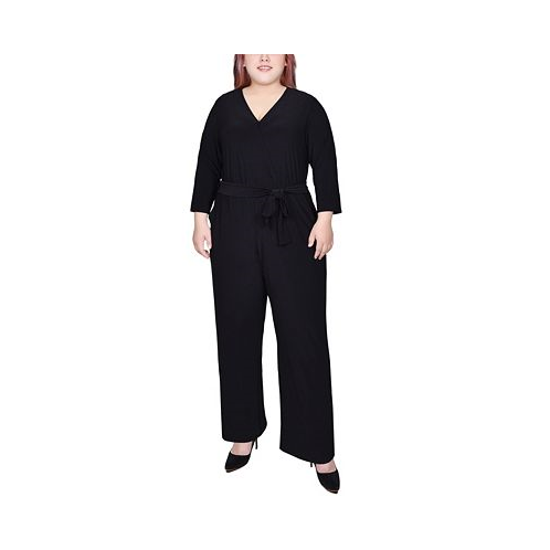 NY Collection Plus Size 3/4 Sleeve Belted Jumpsuit