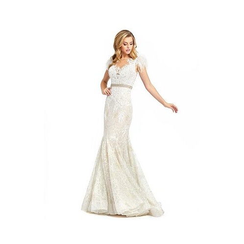 Mac Duggal Womens Embellished Feather Cap Sleeve Illusion Neck Trumpet Gown