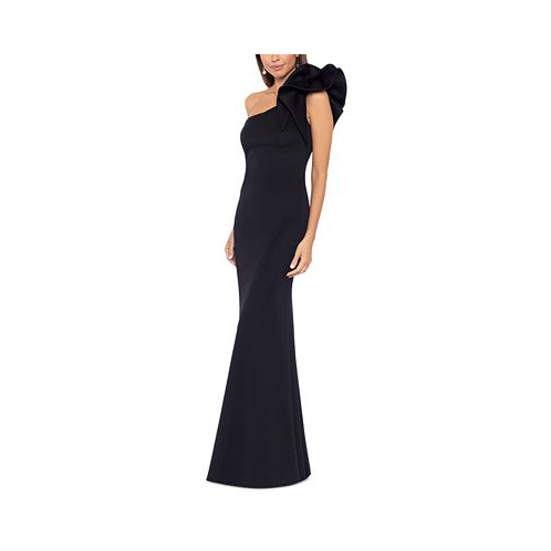 Betsy & Adam Petite Ruffle-Shoulder Evening Gown