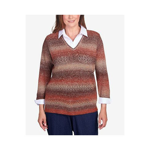 Alfred Dunner Womens Classic Space Dye with Woven Trim Layered Sweater