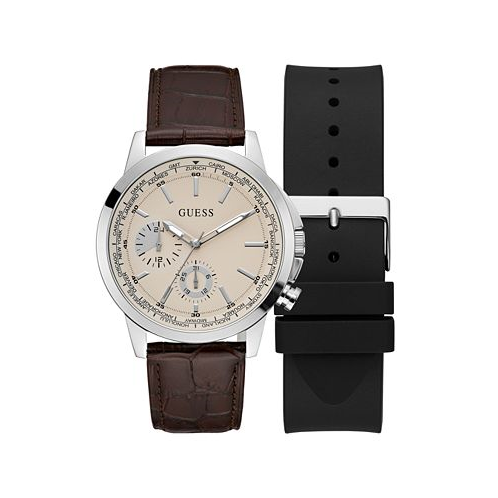 GUESS Mens Multi-Function Brown Genuine Leather Watch 44mm Gift Set