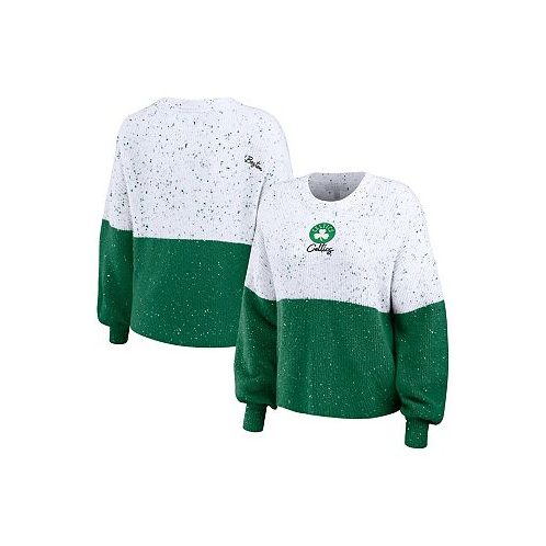 WEAR by Erin Andrews Womens White Kelly Green Boston Celtics Color-Block Pullover Sweater