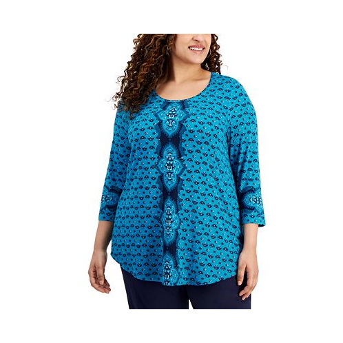JM Collection Plus Size Printed Scoop-Neck 3/4-Sleeve Top Creted for Macys