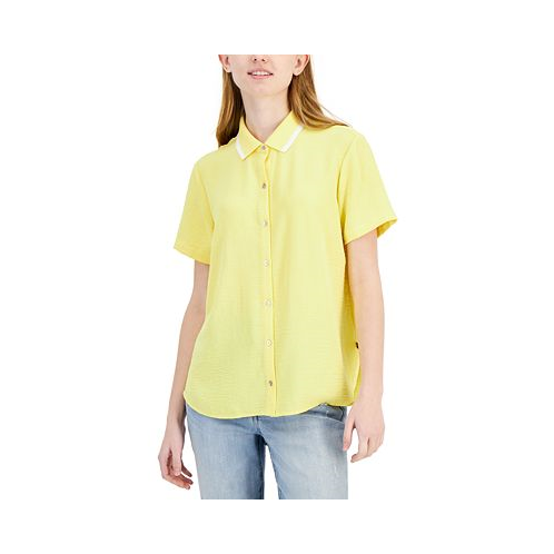 Tommy Hilfiger Womens Ribbed-Collar Short-Sleeve Shirt