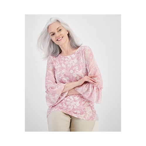 JM Collection Womens Trop Toile Bell-Sleeve Top