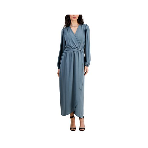 Connected Womens Surplice-Neck Faux-Wrap Long-Sleeve Dress