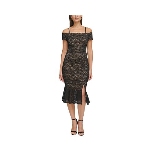 GUESS Womens Lace Off-The-Shoulder Midi Dress