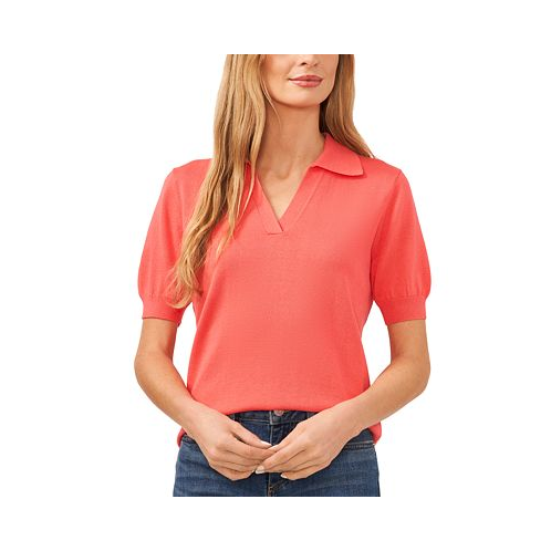 CeCe Womens Short Sleeve Collared Polo V-Neck Sweater