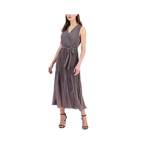 T Tahari Womens Printed Faux-Wrap Sleeveless Pleated Fit & Flare Midi Dress