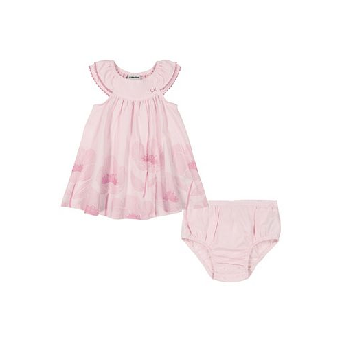 Calvin Klein Baby Girls Crinkle Jacquard Border Print Dress and Diaper Cover Set