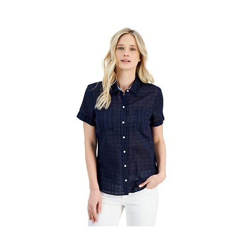 Nautica Jeans Womens Cotton Dobby Short-Sleeve Camp Shirt