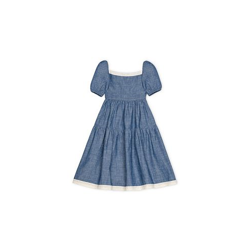 Hope & Henry Girls Short Bubble Sleeve Crochet Trim Chambray Dress Kids