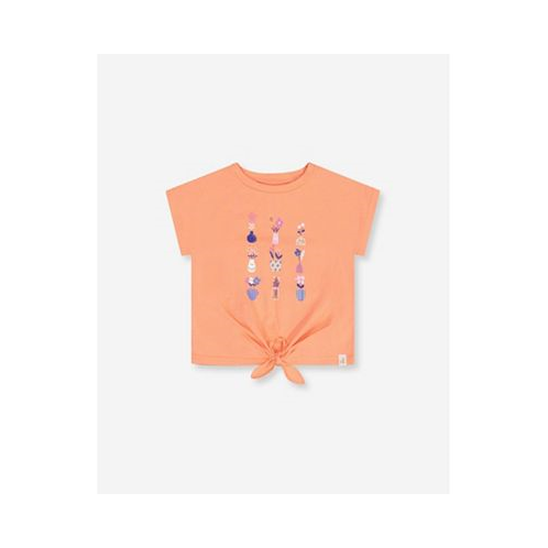 Deux par Deux Girl Organic Cotton Top With Print And Knot Salmon Orange - Child