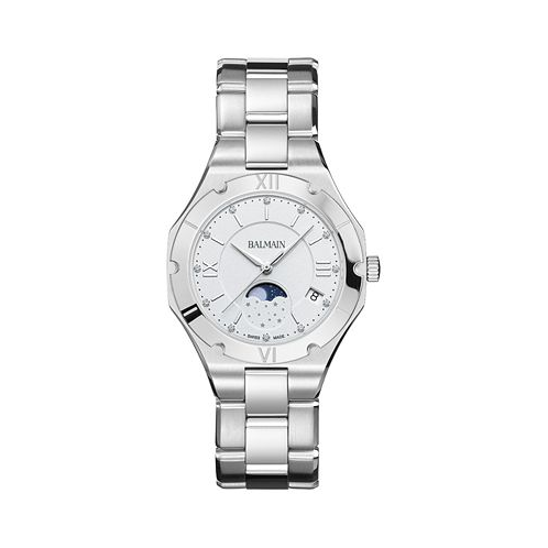 Womens Swiss Be Balmain Moonphase Diamond (1/20 ct. t.w.) Stainless Steel Bracelet Watch 33mm