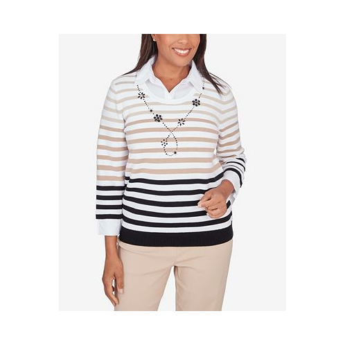 Alfred Dunner Womens Neutral Territory Collar Trimmed Embellished Stripe Sweater