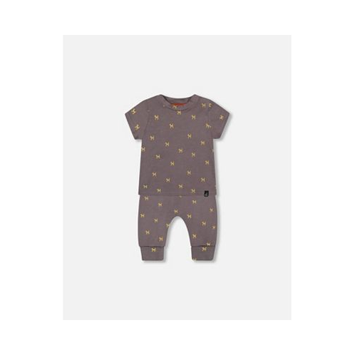 Deux par Deux Baby Boy Organic Cotton Top And Evolutive Pant Set Dark Grey With Printed Pixel Dog - Infant