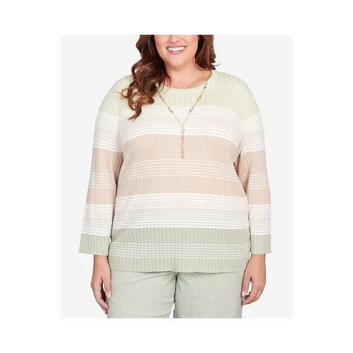 Alfred Dunner Plus Size English Garden Texture Stripe Crew Neck Sweater with Necklace