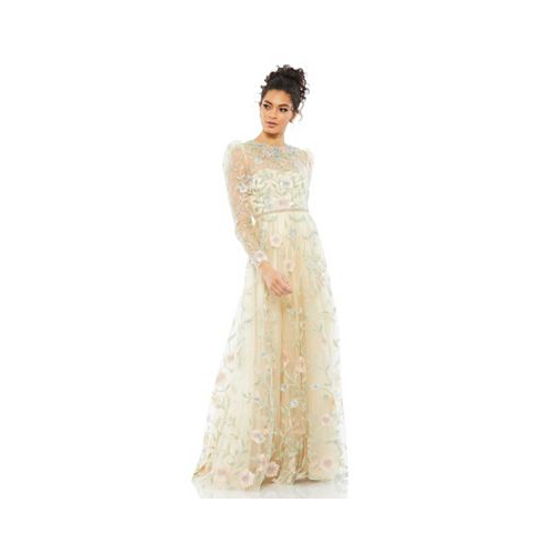 Mac Duggal Womens Floral Print Butterfly Sleeve Flowy Gown