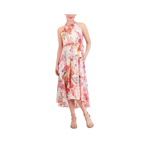 Vince Camuto Womens Printed Chiffon Ruffle-Tier High-Low Dress