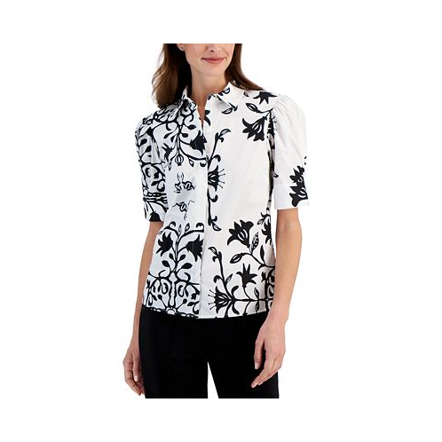T Tahari Womens Printed Puff-Sleeve Button-Front Shirt