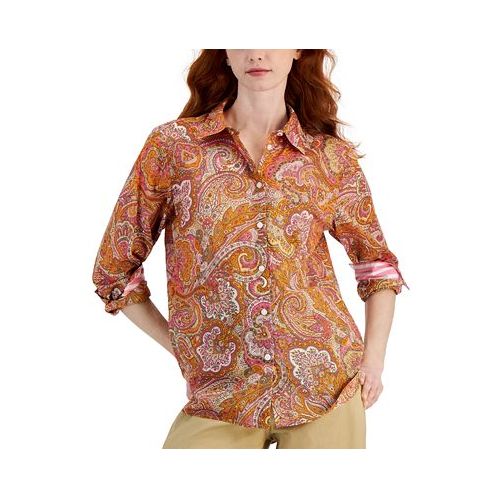 Nautica Jeans Womens Cotton Paisley-Print Buttoned-Cuff Shirt