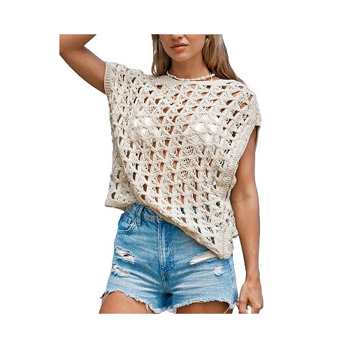 CUPSHE Womens Khaki Crochet & Fray Cover-Up Top