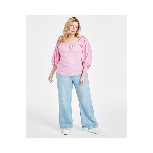 On 34th Trendy Plus Size Linen-Blend Volume-Sleeve Top