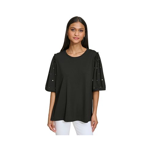 KARL LAGERFELD PARIS Womens Embellished-Sleeve T-Shirt