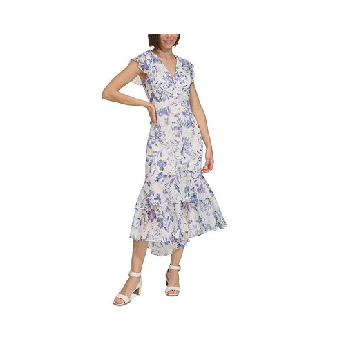 Tommy Hilfiger Womens Floral-Print Flutter-Sleeve Midi Dress
