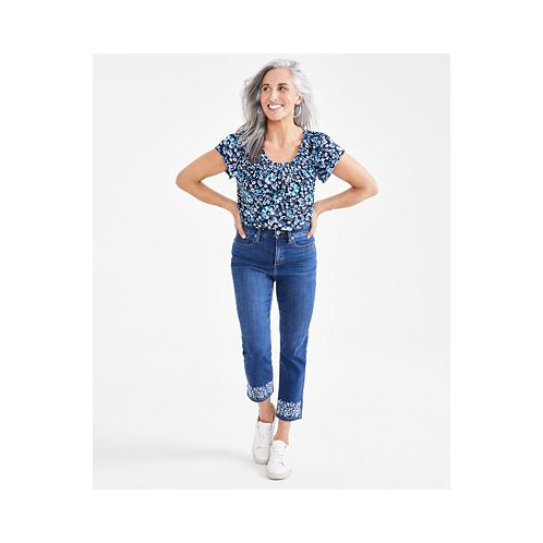 Style & Co Petite High-Rise High-Cuff Embroidered Capri Jeans