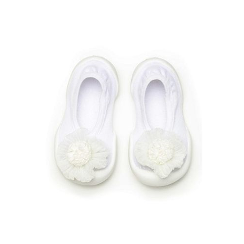Komuello Baby Girls Breathable Washable Non-Slip Sock Shoes Flat - Pompom Flower White
