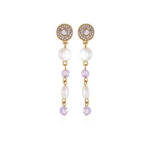 T Tahari Gold-Tone Lilac Violet Glass Stone and Imitation Pearl Long Drop Earrings