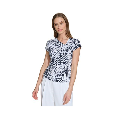 DKNY Womens Printed Asymmetric-Neck Short-Sleeve Top