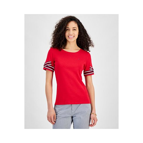 Tommy Hilfiger Womens Ribbon Cuff Crewneck Cotton Logo T-Shirt
