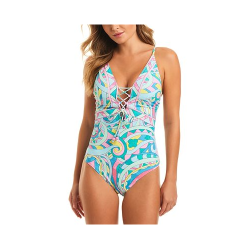 Jessica Simpson Womens Strappy-Front Retro-Print One-Piece Swimsuit