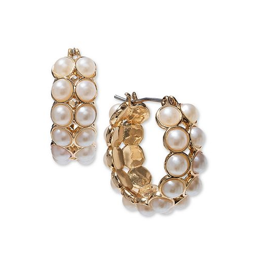 On 34th Gold-Tone Small Imitation Pearl Double-Row Hoop Earrings 0.85