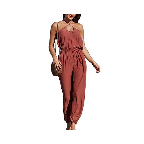 CUPSHE Womens Burgundy Cross Over Halter Neck Cover-Up Jumpsuit