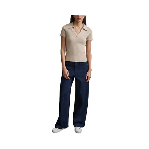 DKNY Jeans Womens V-Neck Side-Logo Rib-Knit Short Sleeve Polo Top