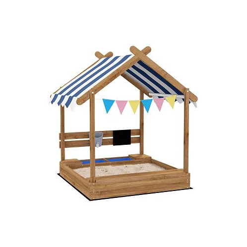 Outsunny Wooden Sandbox with Canopy House Design for 3-7 Years Old Brown
